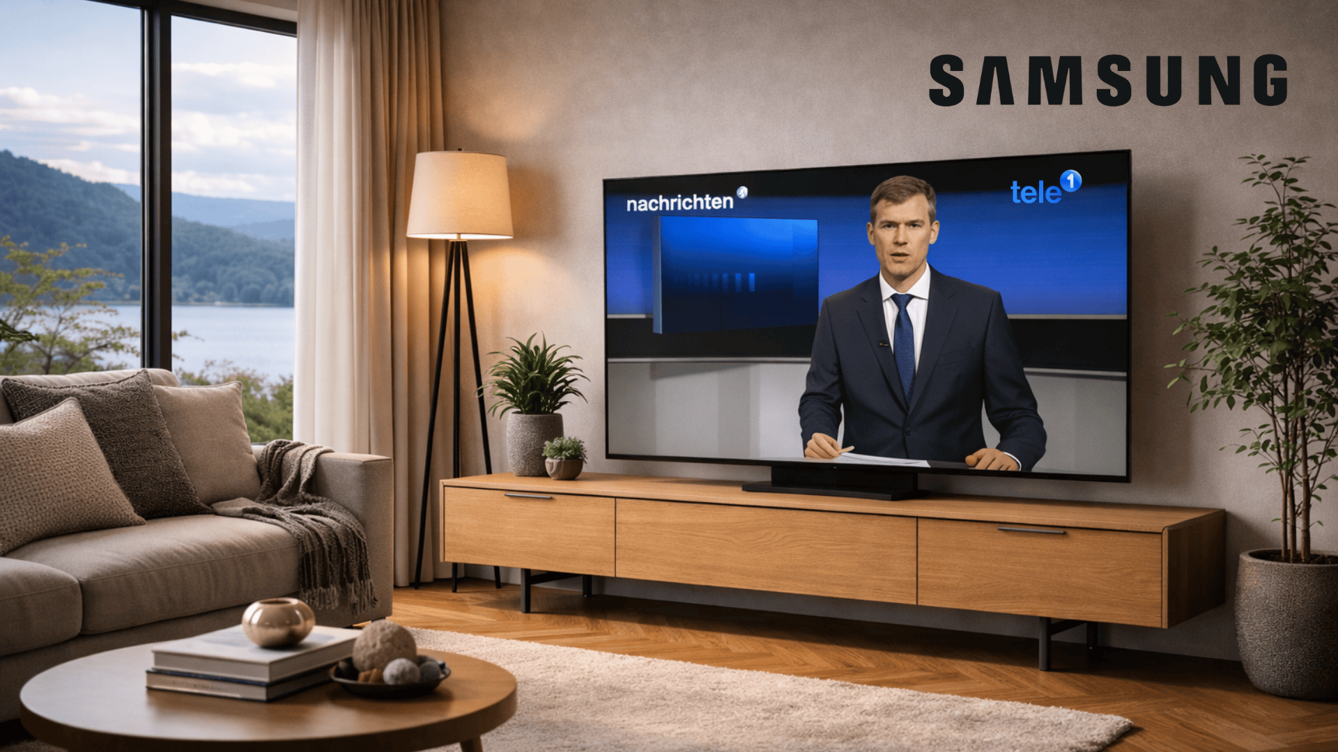 Ein modernes Wohnzimmer mit einem großen Samsung-Fernseher auf einer Holzkonsole, auf dem ein männlicher Nachrichtensprecher in einer tele1-Nachrichtensendung zu sehen ist. Das Zimmer hat ein Sofa, eine Lampe, ein großes Fenster mit Blick auf den See und eine neutrale Einrichtung.