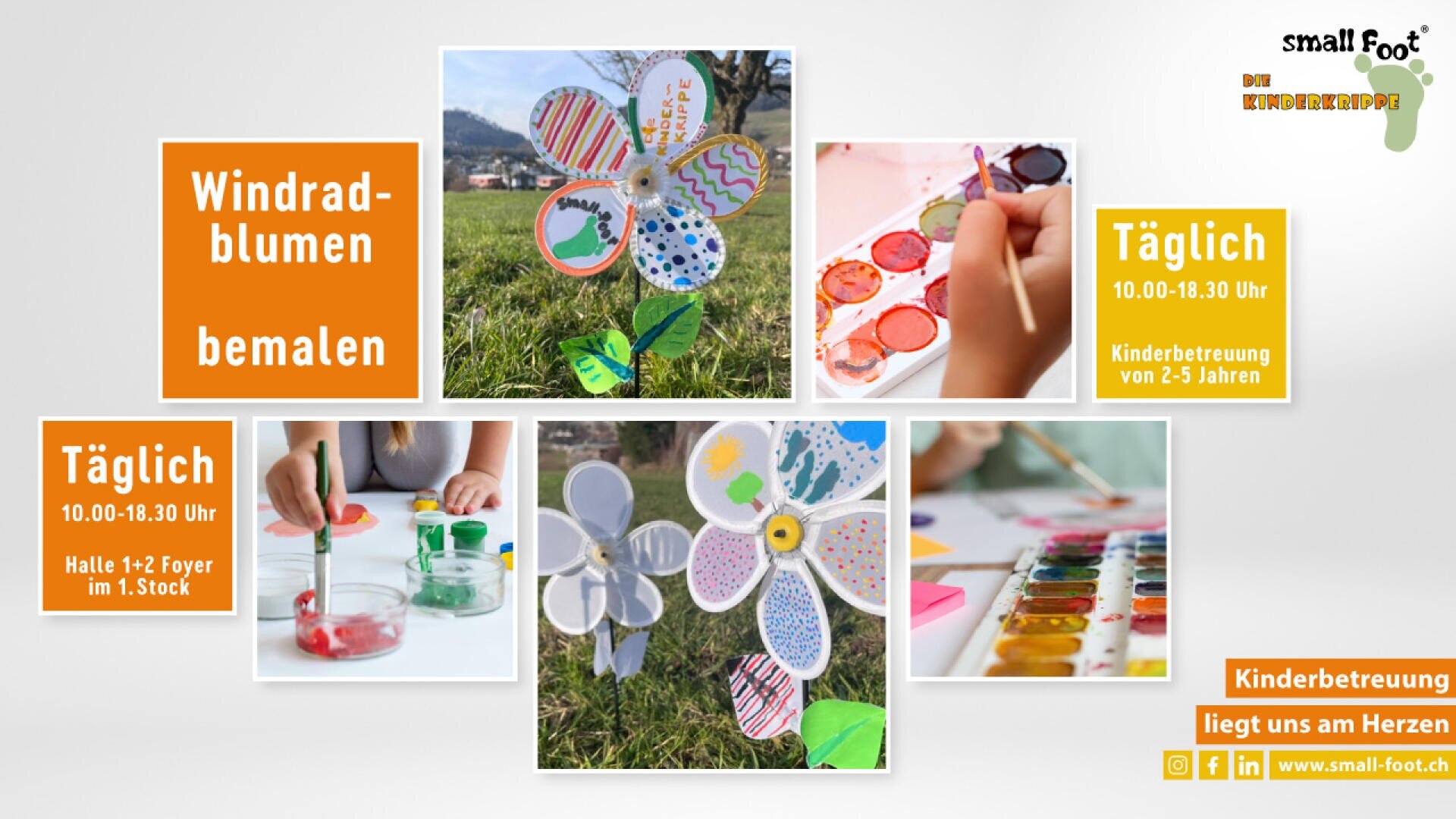 Collage, die Kinder beim Malen von Windrädern und bei der Verwendung von Aquarellfarben zeigt. Das mittlere Foto zeigt dekorierte Windräder auf Gras. Orangefarbene Kästen enthalten Veranstaltungshinweise für das tägliche Malen von Windrädern und die Kinderbetreuung für 2-5-Jährige.