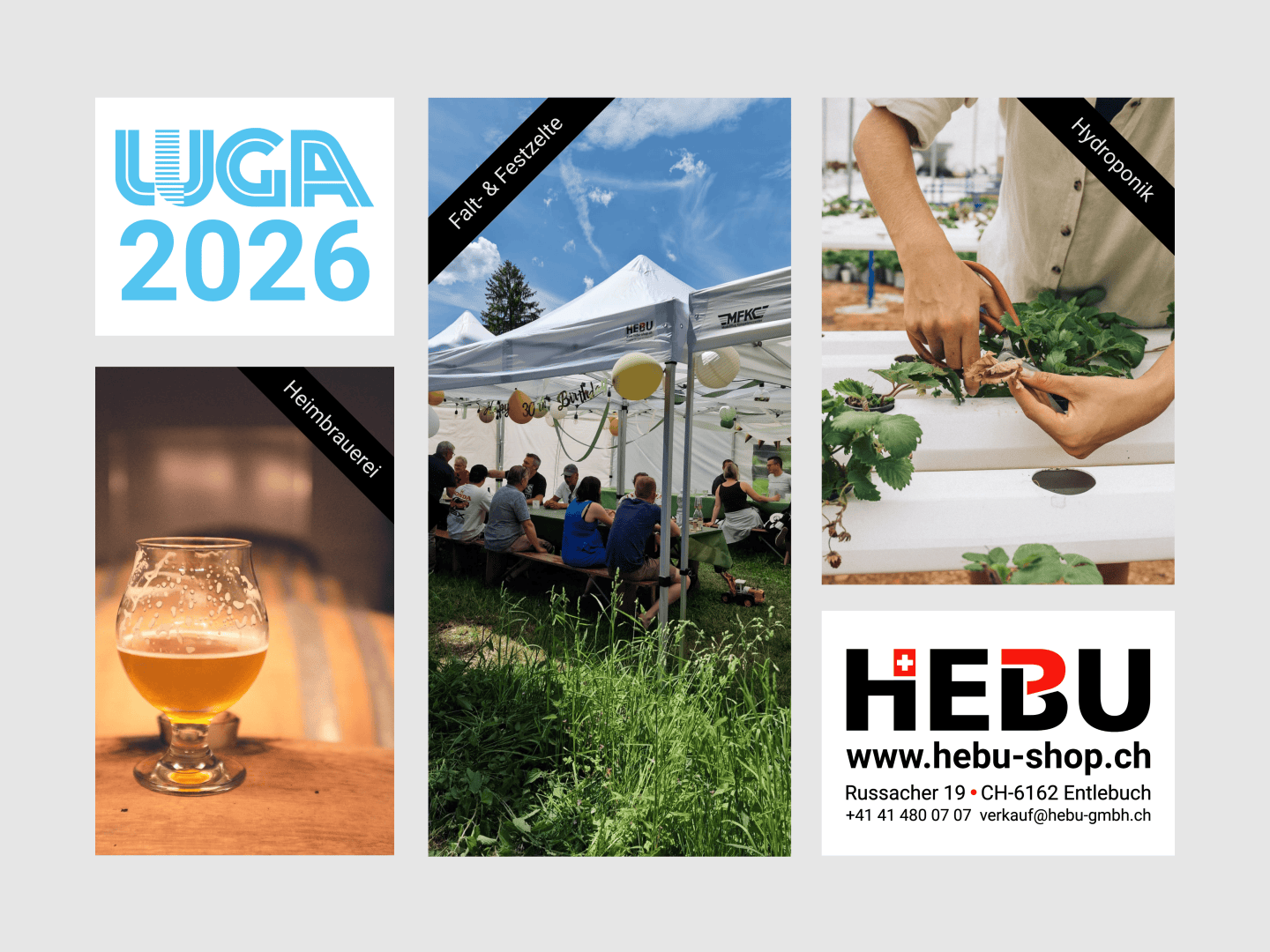 Ein Werbeflyer mit dem Logo der UGA 2026, Fotos von einem Glas Bier, einem Fest mit Menschen an Tischen unter Zelten, Händen, die sich um Hydrokulturpflanzen kümmern, und Kontaktinformationen für HEBU-shop.ch am unteren Rand.