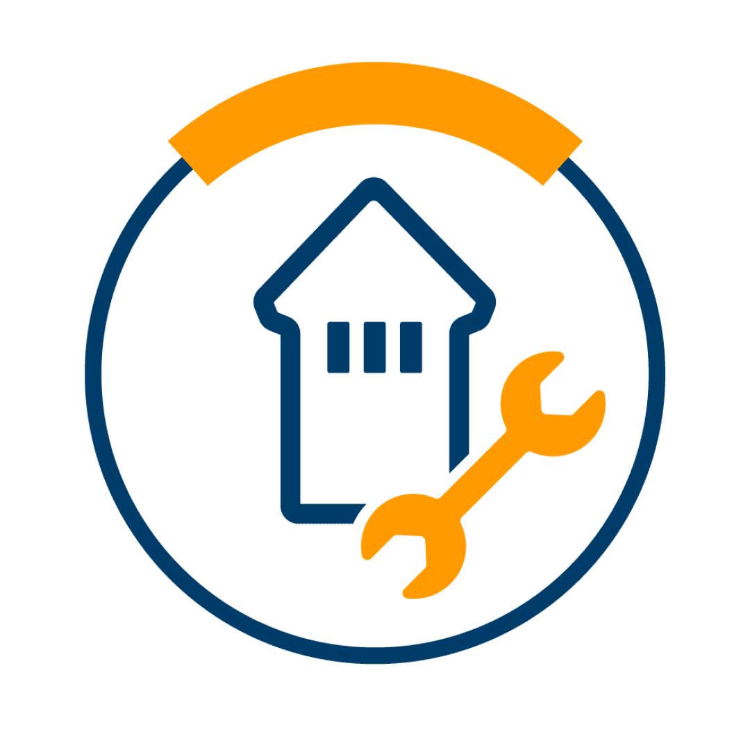 Ein blau umrandetes Haussymbol mit einem orangefarbenen Schraubenschlüssel, der von einem blauen Kreis mit einem orangefarbenen gebogenen Segment an der Spitze umgeben ist.
