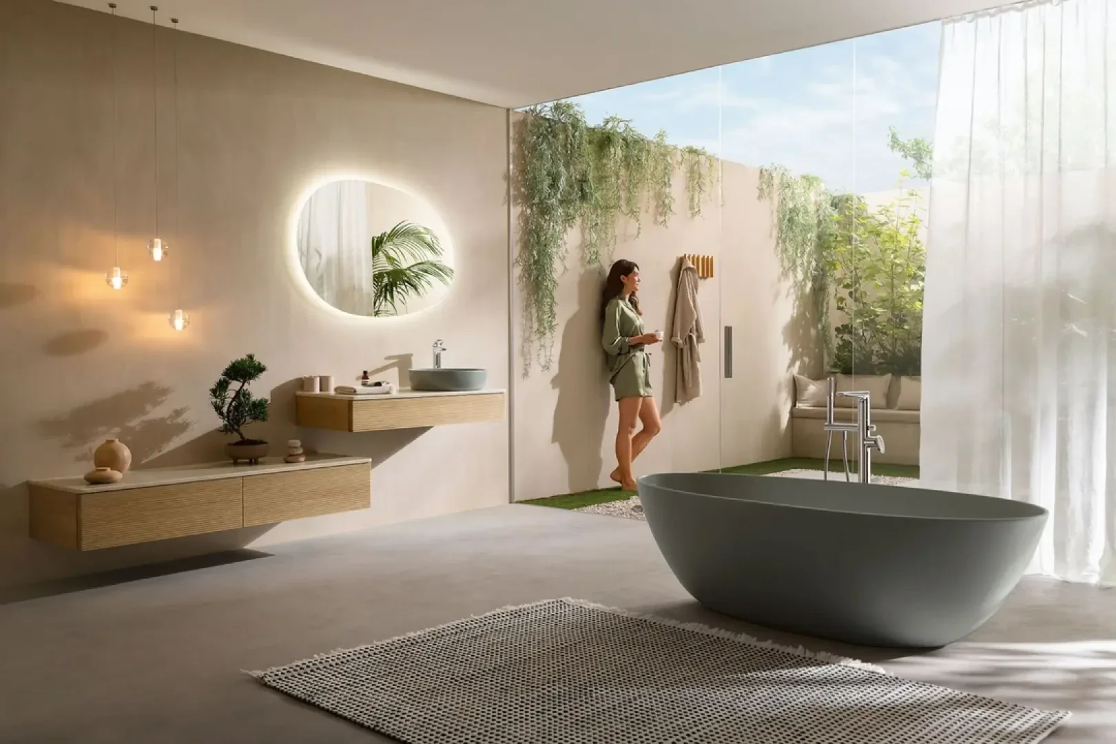 Eine Frau steht in einem modernen Badezimmer mit Tageslicht, großen Glasfenstern, einer freistehenden Badewanne, einem schwebenden Waschbecken, Pflanzen und minimalistischer Einrichtung. Sie blickt mit einer Tasse in der Hand nach draußen in Richtung Garten.