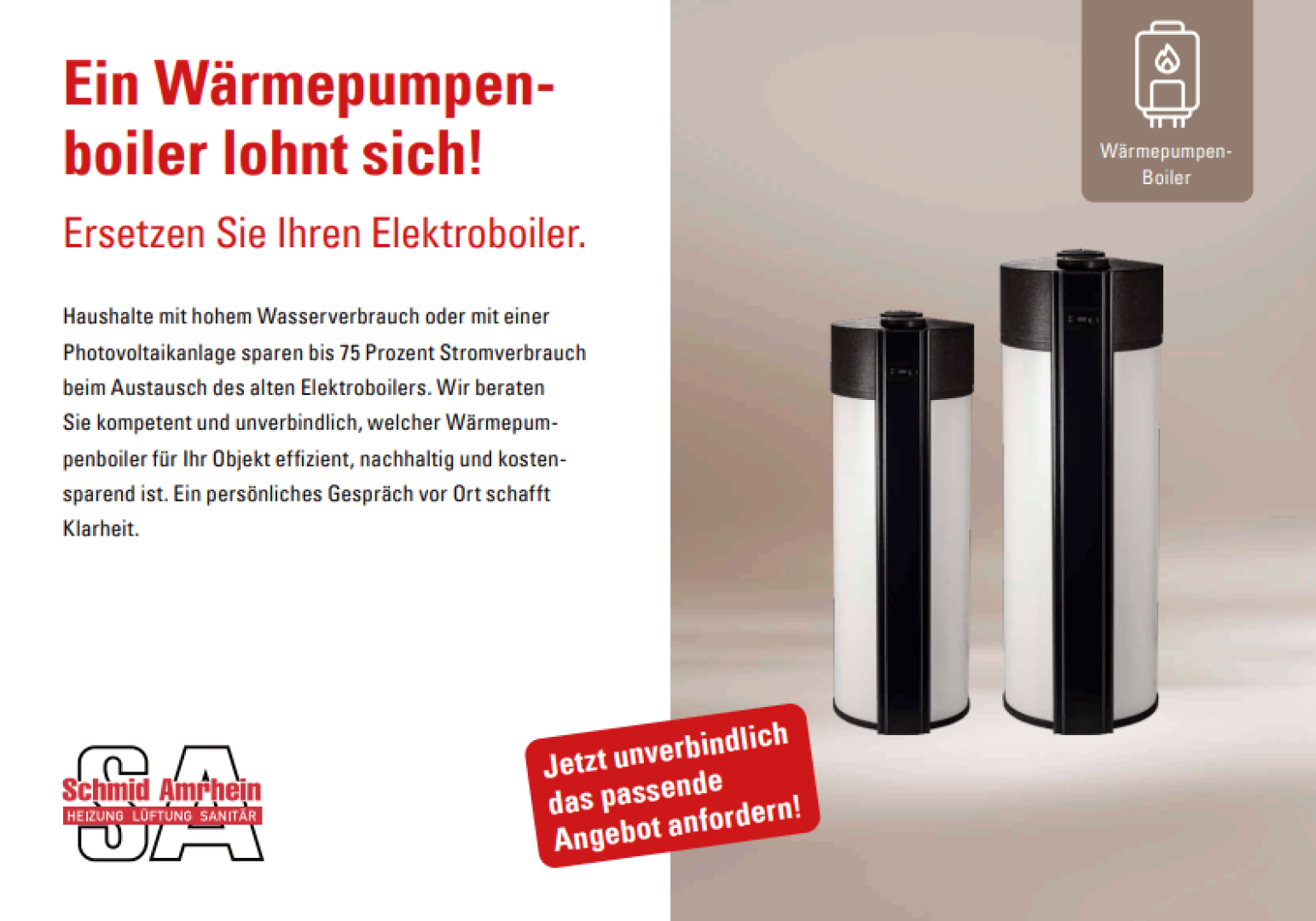 Zwei moderne Wärmepumpen-Wassererhitzer stehen auf einem weißen Hintergrund. Der deutsche Text wirbt für den Austausch von Elektroboilern durch energieeffiziente Wärmepumpenboiler und fordert dazu auf, ein individuelles Angebot anzufordern.