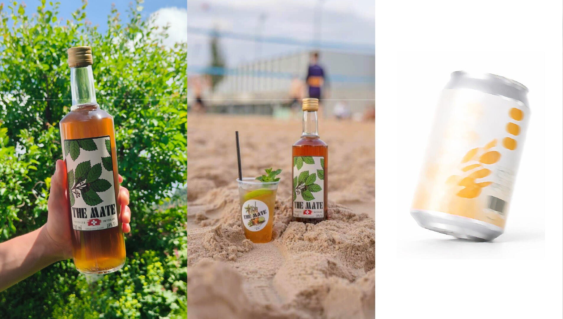 Drei Bilder: Eine Hand hält eine Flasche mit der Aufschrift "THE MATE" und grünen Blättern; die Flasche und ein Glas mit Minze und einem Strohhalm stehen auf einem Sandstrand; eine weiße Dose mit gelben Mustern ist auf weißem Hintergrund zu sehen.