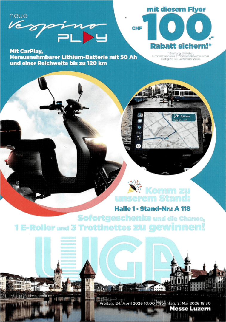 Werbung für den Vespiro Play E-Scooter mit grossem Rollermotiv, Stadtbild Luzern, Event- und Rabattangaben sowie einem CHF 100 Gutschein. Infos zur Veranstaltung: Messe Luzern, 24. April bis 3. Mai 2026.