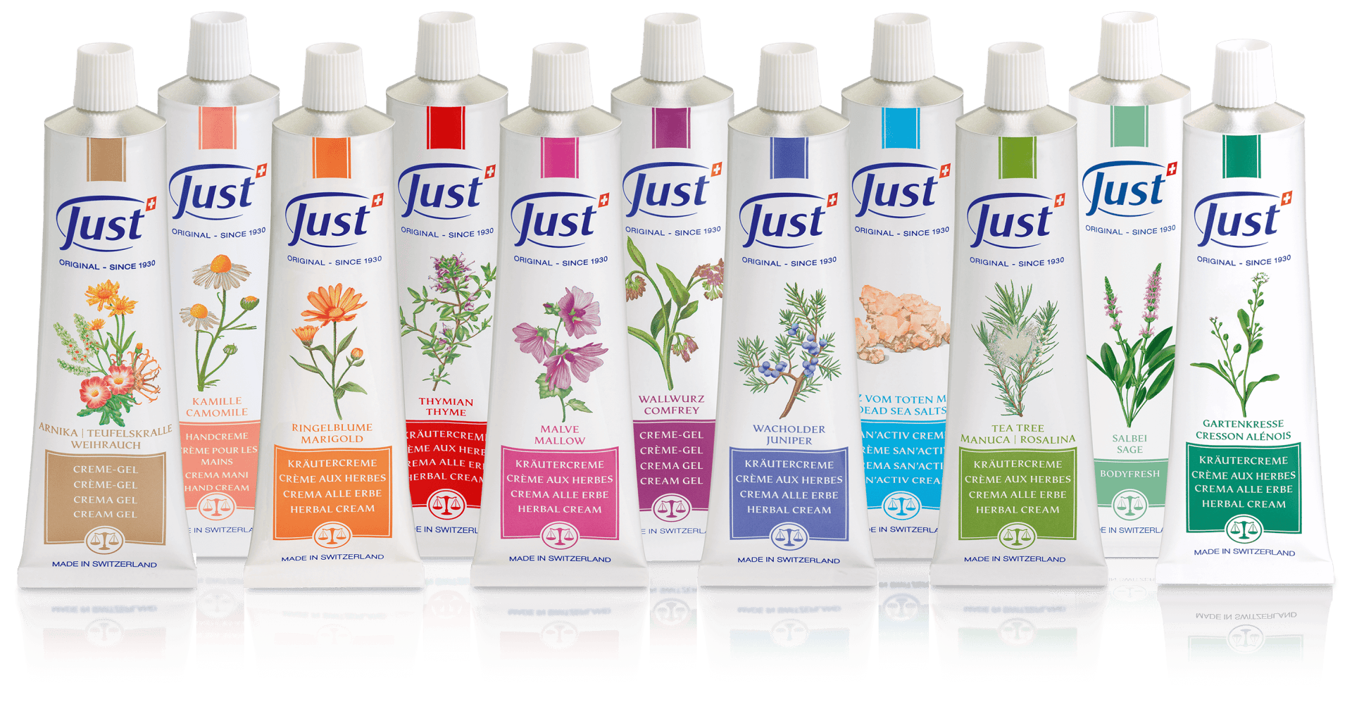 Eine Reihe von zwölf Just-Kräutercremetuben mit unterschiedlichen Pflanzenabbildungen und farbigen Etiketten, die aufrecht vor einem weißen Hintergrund stehen. Auf den Tuben sind verschiedene pflanzliche Inhaltsstoffe und Produktnamen angegeben.