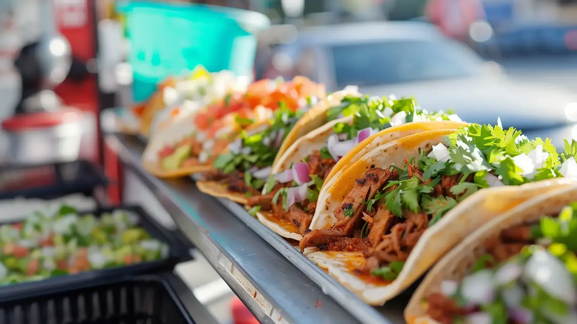Eine Reihe frisch zubereiteter Tacos, gefüllt mit gewürztem Fleisch, gehackten Zwiebeln, Koriander und Tomatenwürfeln, liegt auf einem Tablett, das mit seinen leuchtenden Farben und dem unscharfen Hintergrund an ein Streetfood-Setting erinnert.