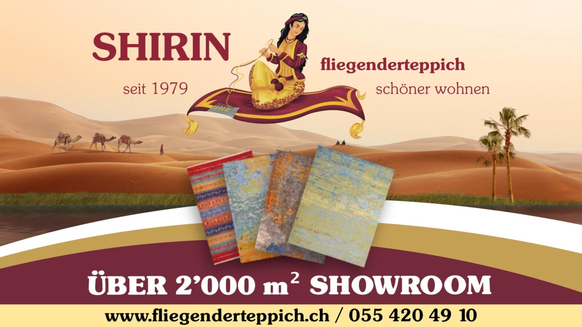 Werbung für Shirin-Flugteppich mit einer illustrierten Frau auf einem fliegenden Teppich, Wüstenhintergrund mit Kamelen und vier bunten Teppichen. Enthält Größe des Ausstellungsraums, Website und Kontaktinformationen.