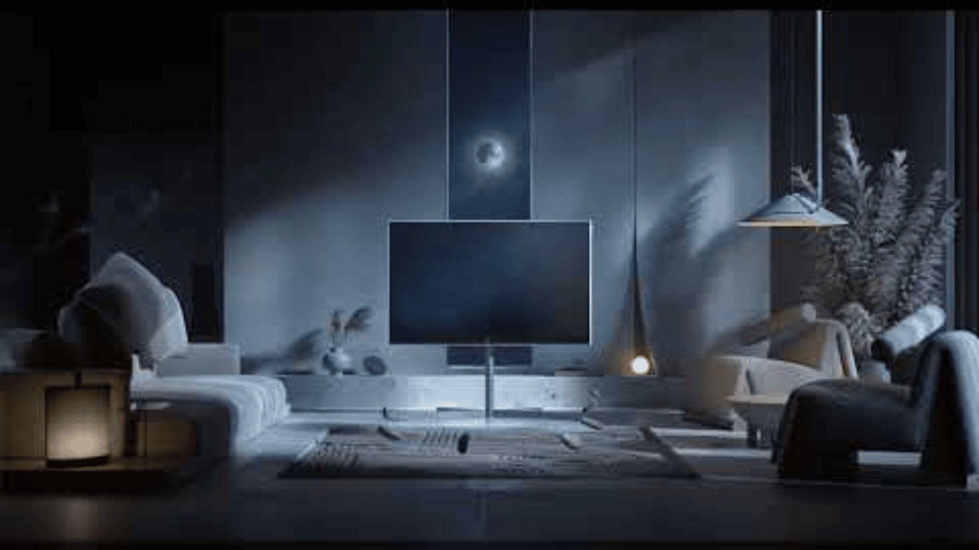 Ein modernes Wohnzimmer mit neutral getönten Möbeln, einem großen Flachbildfernseher, gedämpfter Beleuchtung und dekorativen Pflanzen, die ein gemütliches und stilvolles Ambiente mit minimalistischem Design schaffen.