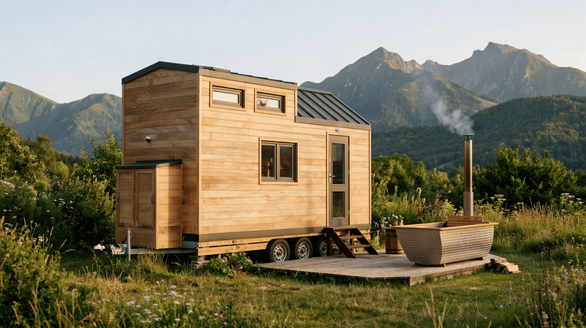 Ein modernes Holzhäuschen auf Rädern steht auf einer Wiese mit Bergen im Hintergrund. Auf einer kleinen Terrasse befindet sich eine rauchende Außenbadewanne, umgeben von üppigem Grün und Wildblumen.