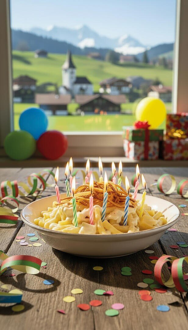 Ein Teller Nudeln mit brennenden Geburtstagskerzen steht auf einem festlichen Tisch mit bunten Luftballons, Luftschlangen, Konfetti und eingepackten Geschenken. Durch das Fenster sind im Hintergrund ein malerisches Dorf und die Berge zu sehen.