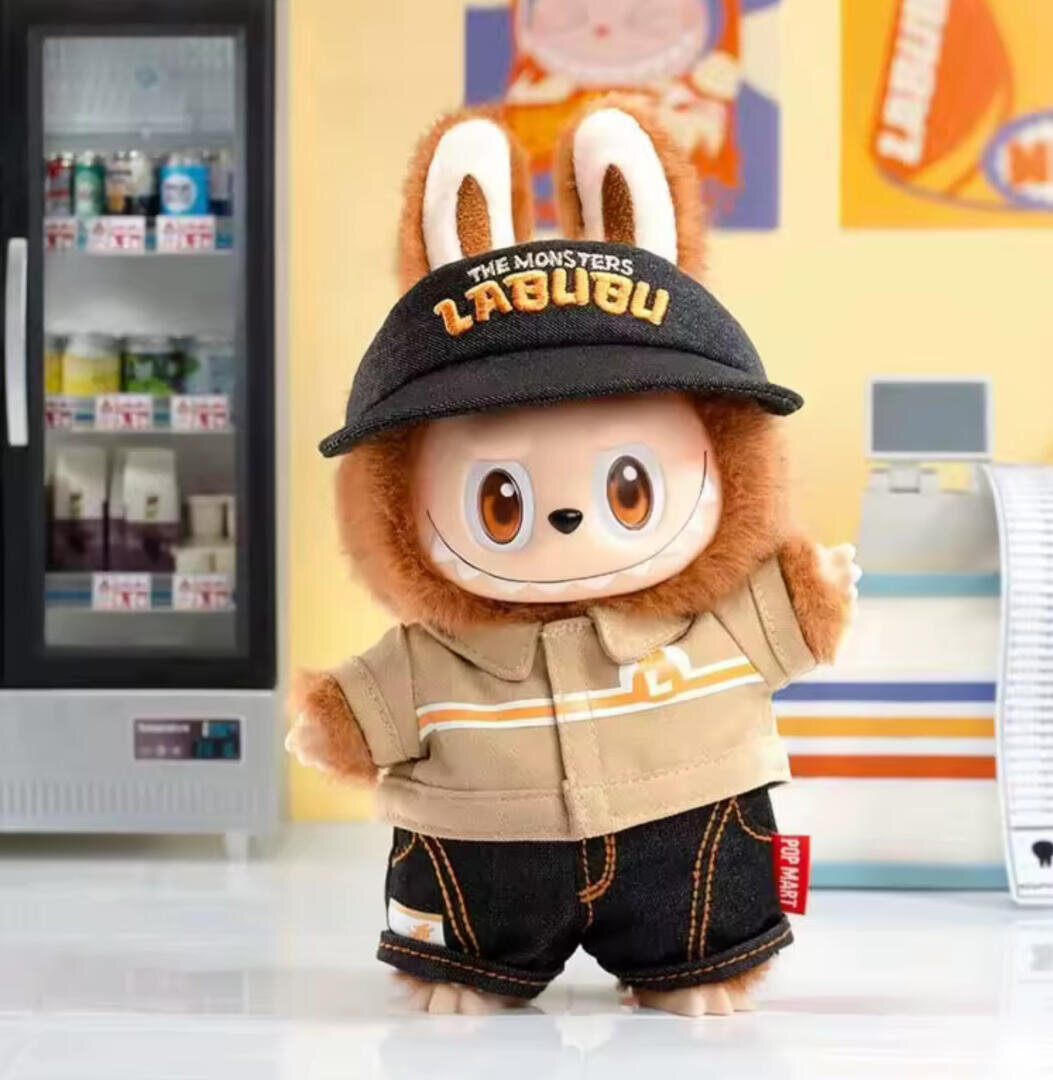 Eine niedliche Hasenpuppe mit großen Augen, die eine schwarze Mütze, eine beige Jacke und schwarze Shorts trägt, steht in einem hell erleuchteten Raum mit einem Kühlschrank und bunten Postern im Hintergrund.