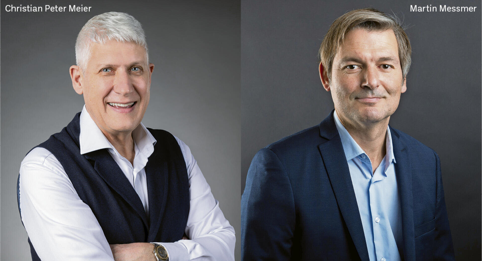 Nebeneinander stehende Porträts von zwei Männern in Geschäftskleidung, die beide vor einem schlichten, dunklen Hintergrund lächeln. Der Text in den Ecken bezeichnet sie als Christian Peter Meier (links) und Martin Messmer (rechts).