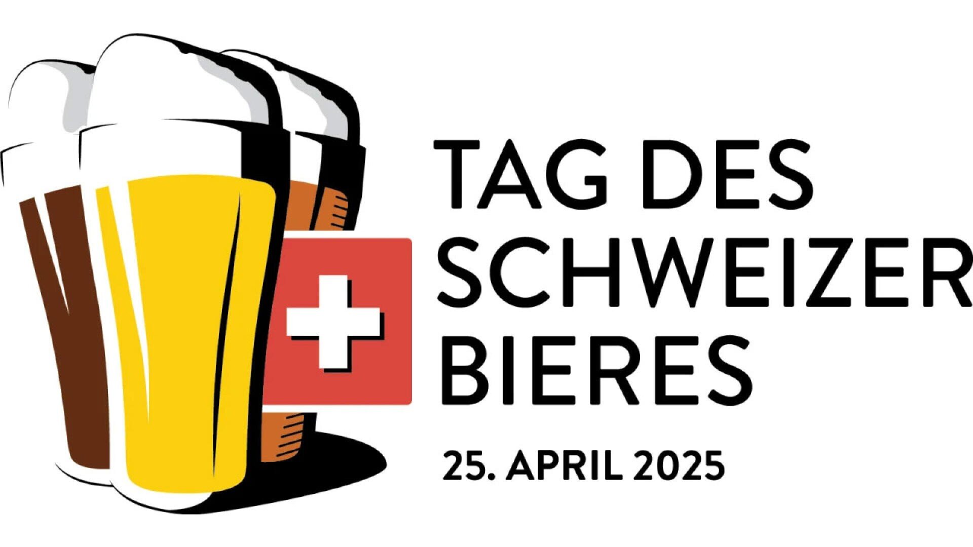 Drei Biergläser (hell, bernsteinfarben und dunkel) neben einem roten Schweizerkreuz und dem Text "Tag des Schweizer Bieres, 25. April 2025" auf weißem Hintergrund.