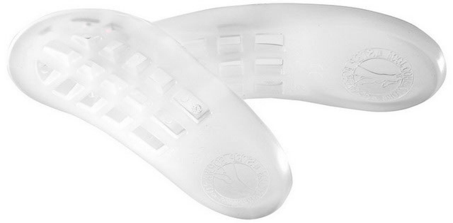 Zwei transparente, gewölbte Gel-Schuheinlagen mit gitterartigem Muster und eingeprägtem kreisförmigem Logo, die für zusätzlichen Komfort und Halt im Schuh sorgen.