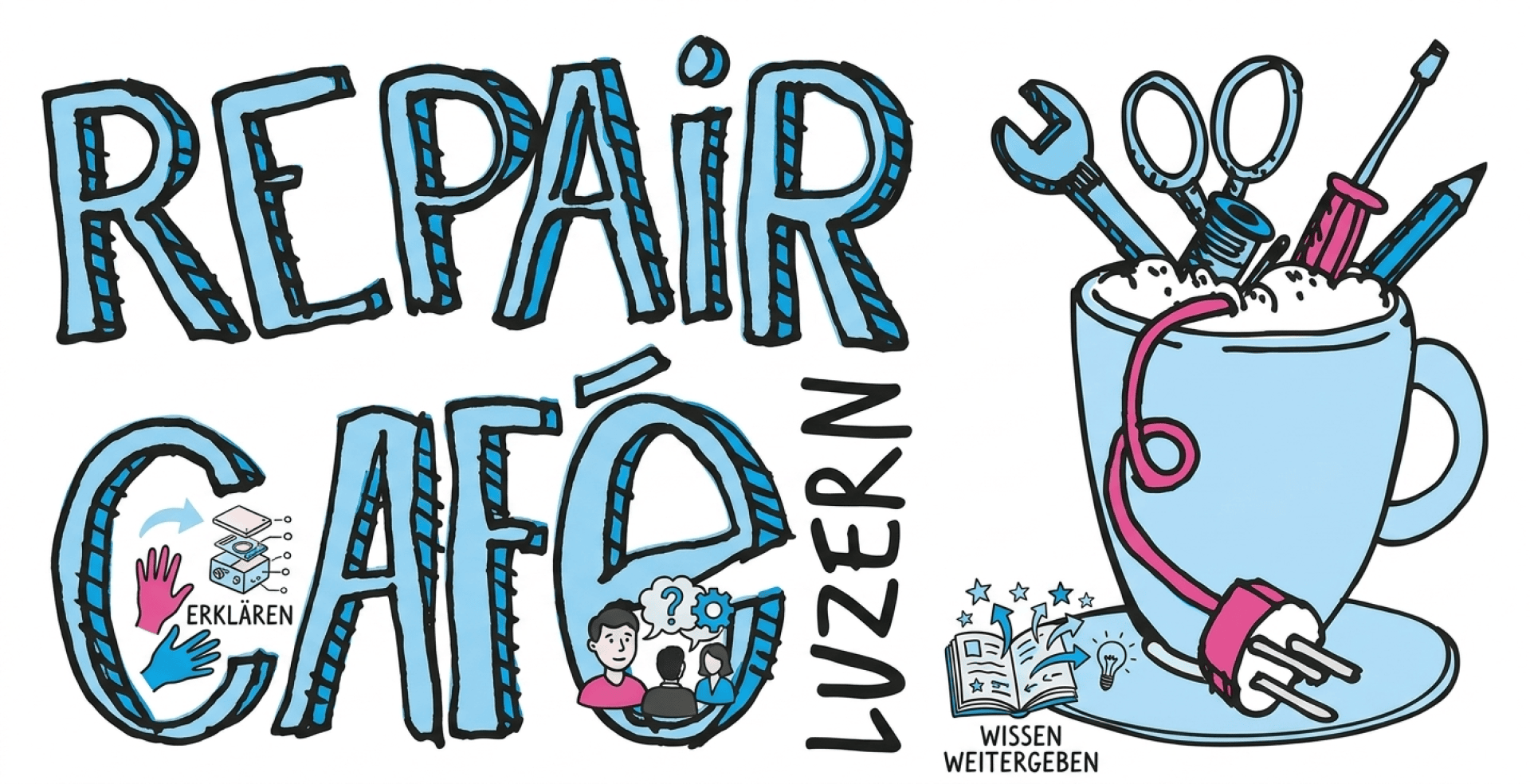 Illustration des "Repair Café Luzern" mit einem fetten, handgezeichneten Schriftzug, einem Becher mit Reparaturwerkzeugen (Schere, Schraubenschlüssel, Faden, Pinsel) und Icons mit Händen, Zahnrädern und Büchern, die das Lernen und Teilen von Wissen symbolisieren.