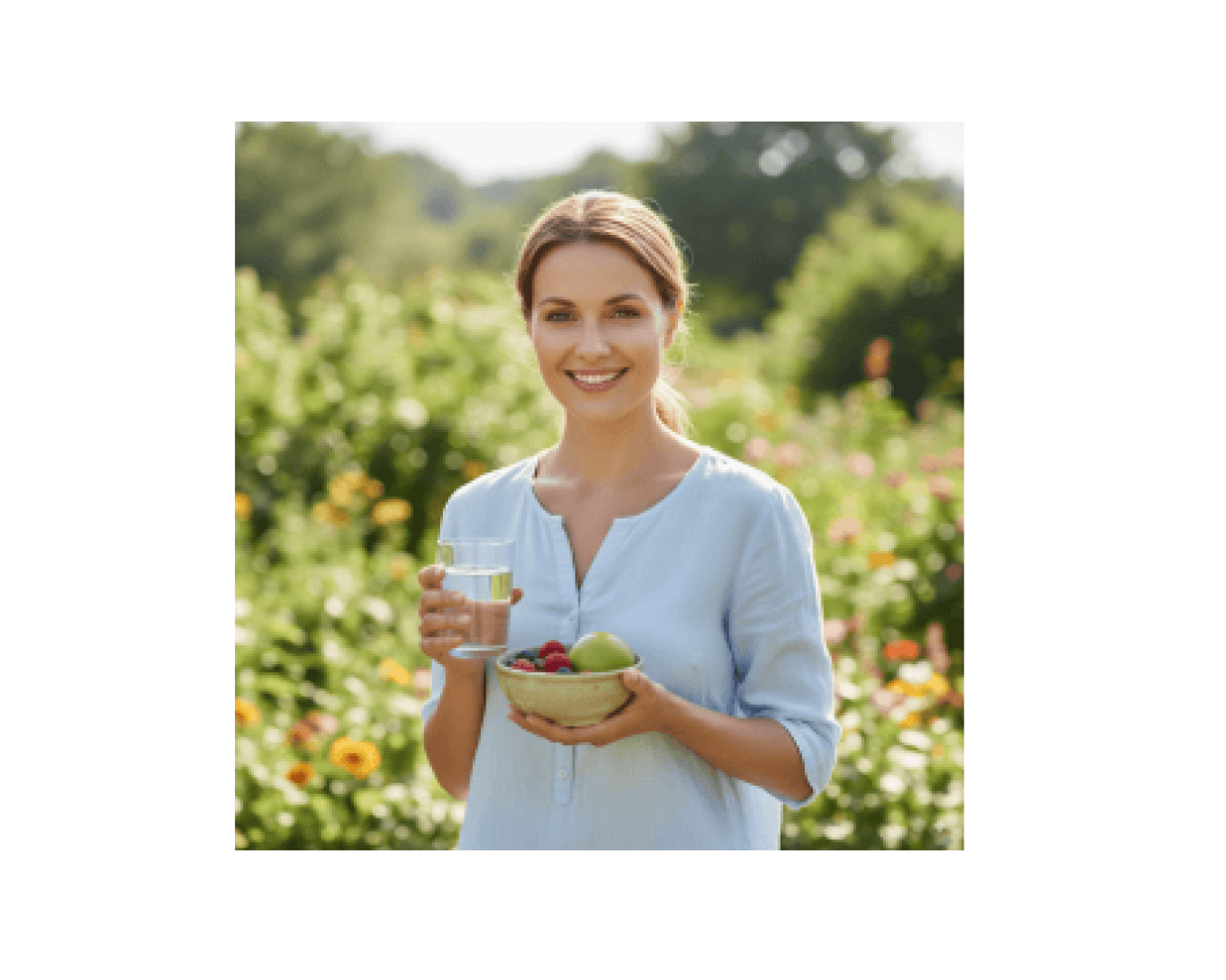 Eine lächelnde Frau steht im Freien in einem Garten, in der einen Hand ein Glas Wasser, in der anderen eine Schale mit frischem Obst. Sie trägt eine hellblaue Bluse und ist von Grünzeug und Blumen umgeben.