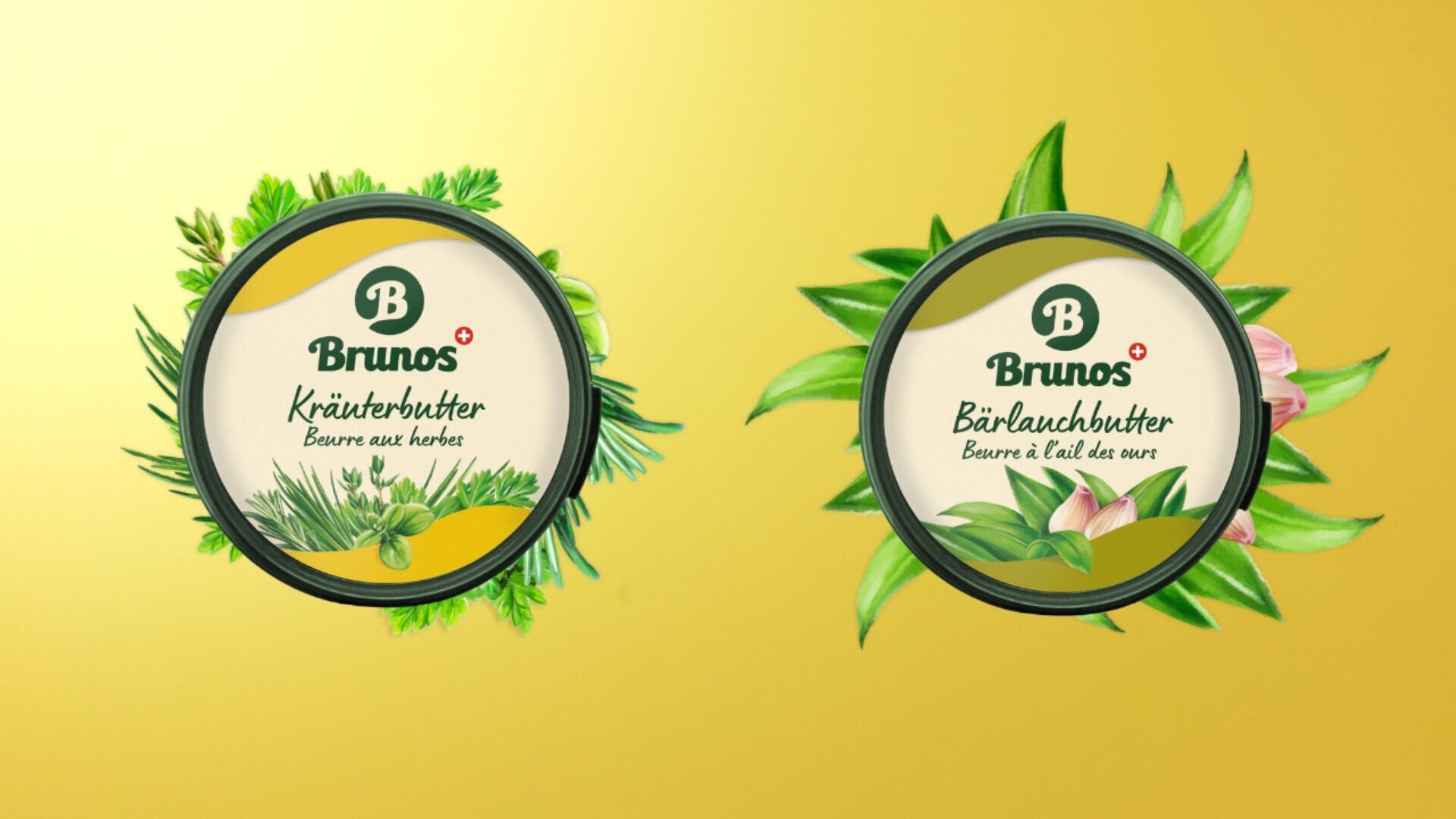 Zwei Becher Brunos-Butter auf gelbem Grund: einer mit der Aufschrift Kräuterbutter, der andere Bärlauchbutter mit Bärlauch, jeder Deckel umgeben von abgebildeten Kräutern.