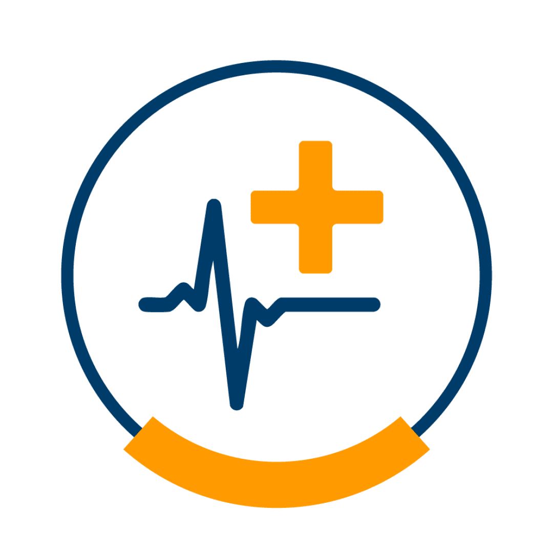 Ein blauer Kreis, der eine blaue Herzschlaglinie und ein orangefarbenes medizinisches Kreuz einschließt, mit einem orangefarbenen gebogenen Band am unteren Rand. Der Hintergrund ist hellgrau.