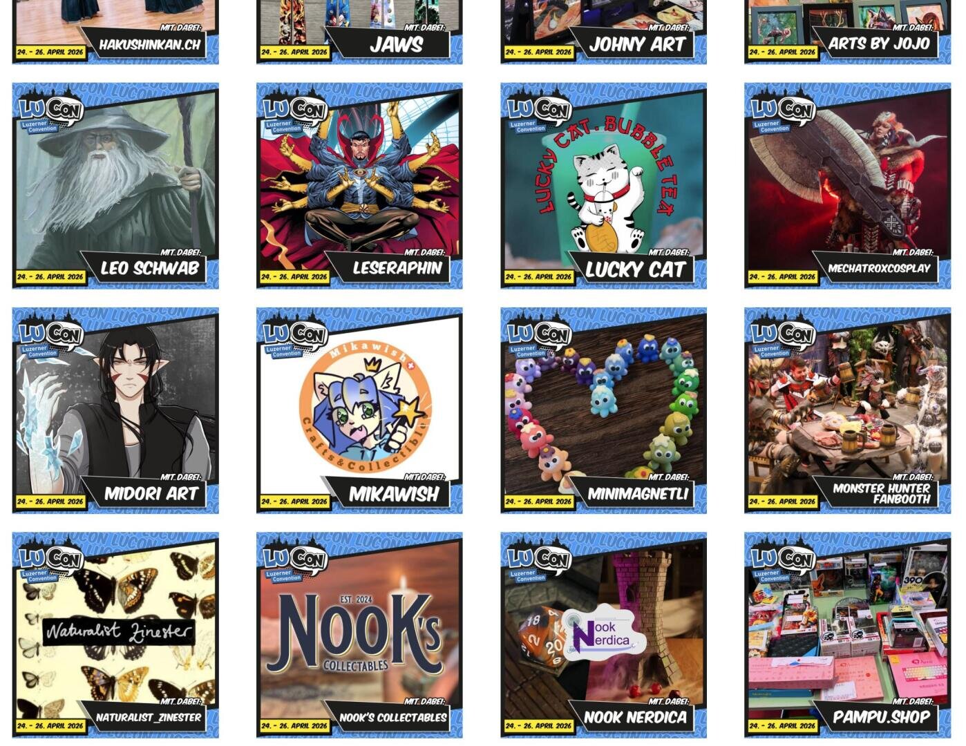 Ein 4x5-Raster mit Logos und Kunstwerken verschiedener Künstler und Geschäfte, darunter Fantasy-Kunst, niedliche Tierfiguren, Kunsthandwerk und Popkulturartikel, jeweils mit einem LuCon-Veranstaltungsetikett und einem gelben Banner mit Standinformationen.