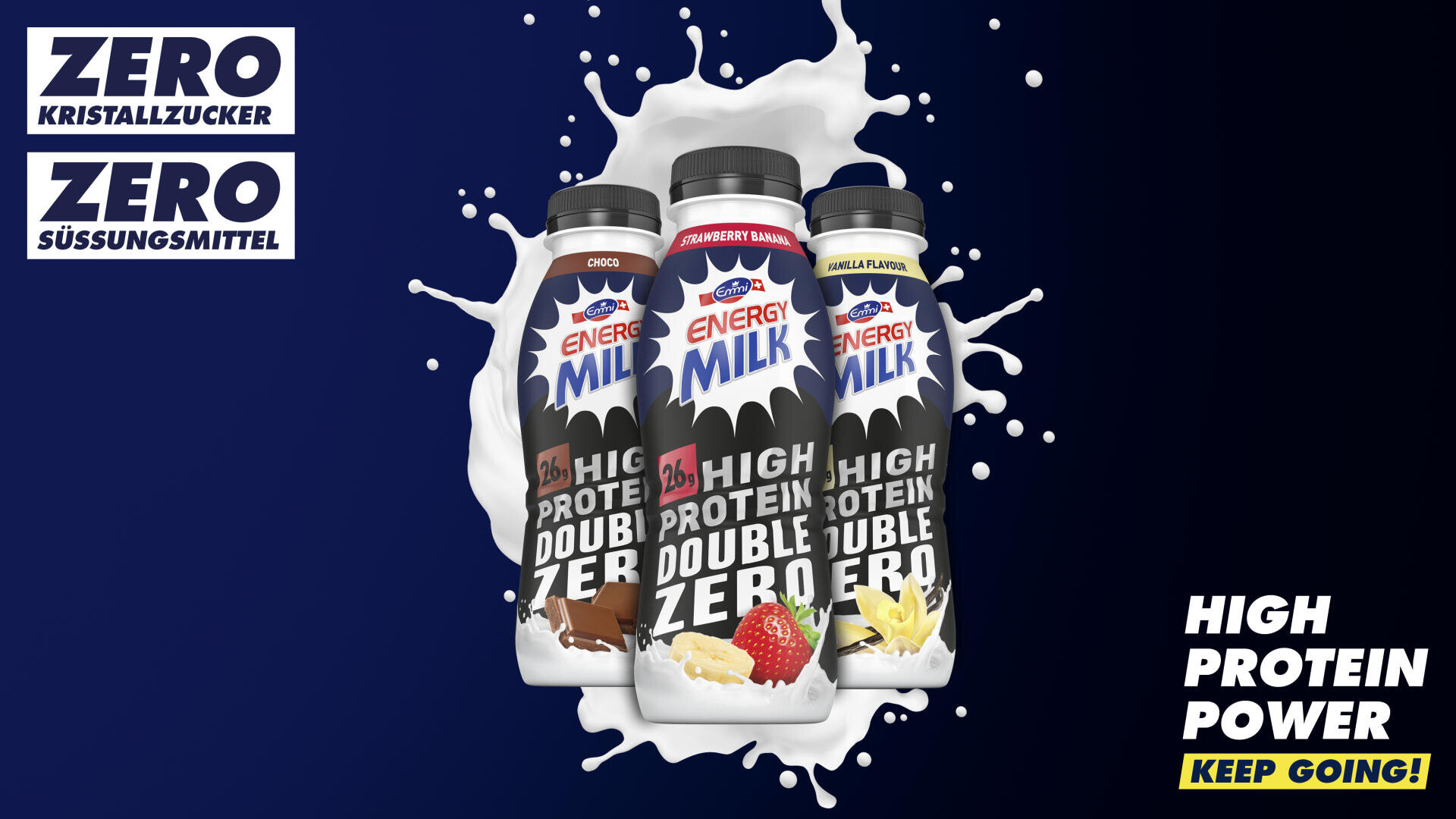 Drei Flaschen des proteinreichen Energy Milk-Getränks in den Geschmacksrichtungen Schokolade, Erdbeer-Banane und Vanille sind von einem Spritzer Milch umgeben. Der Text hebt den Verzicht auf Zucker und Süßstoffe sowie die hohe Proteinleistung hervor.