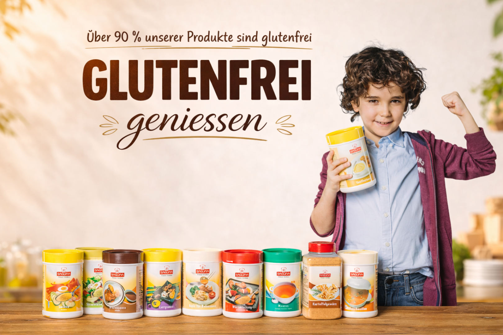 Ein lächelndes Kind hält glutenfreie Lebensmittelbehälter in die Höhe und steht neben einer Reihe von bunten Behältern. Der deutsche Text darüber lautet: "Über 90 % unserer Produkte sind glutenfrei. GLUTENFREI geniessen.