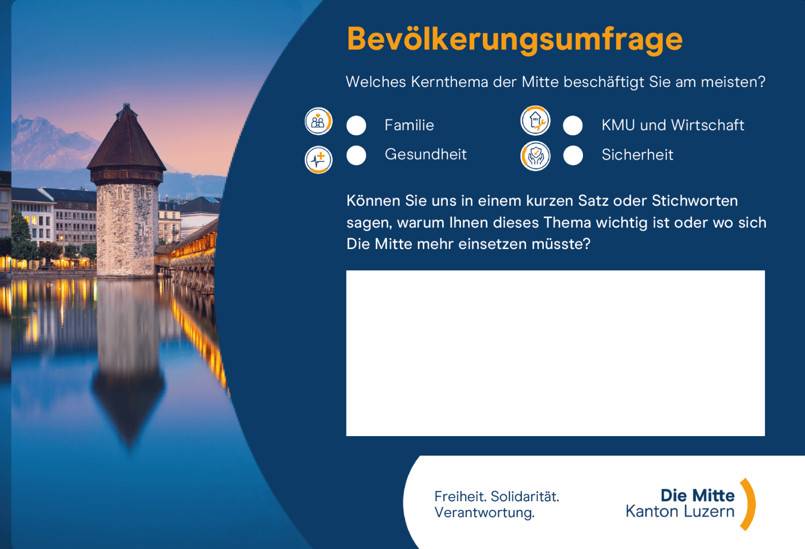 Umfrageformular mit einem Foto der Luzerner Kapellbrücke bei Sonnenuntergang auf der linken Seite. Rechts Fragen zu den wichtigsten Anliegen (Familie, Wirtschaft, Gesundheit, Sicherheit) mit Kästchen zum Ankreuzen und einem Feld für schriftliche Kommentare. Logo von "Die Mitte Kanton Luzern" am unteren Rand.