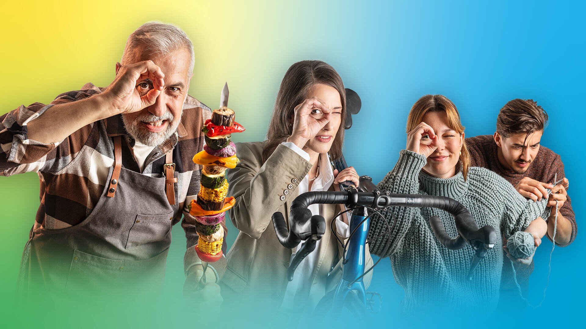 Ein bärtiger älterer Mann hält bunte Spieße in der Hand; neben ihm halten sich zwei Frauen und ein Mann mit Gesten das OK über ihre Augen. Vor ihnen steht ein Fahrradlenker. Der Hintergrund geht von Gelb-Grün zu Blau über.