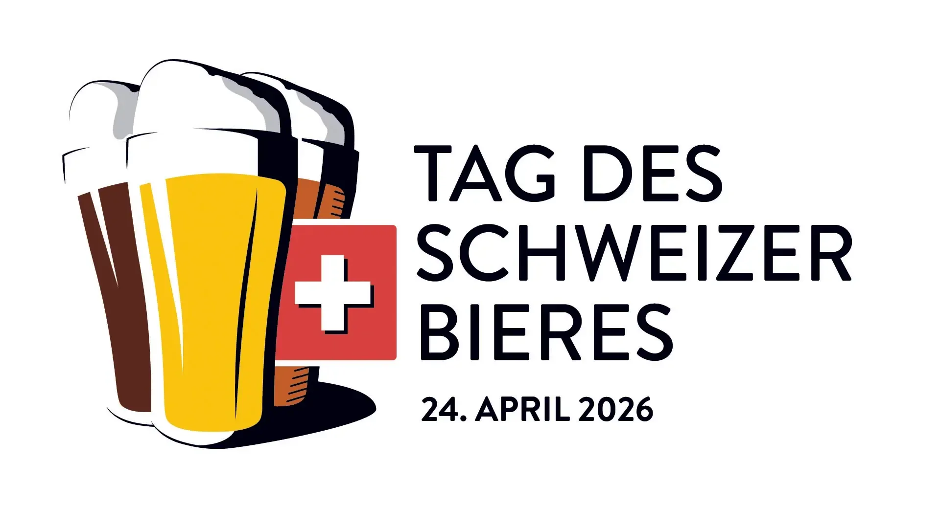 Illustration von drei Biergläsern neben einem roten Quadrat mit einem weißen Kreuz. Der Text lautet Tag des Schweizer Bieres und 24. April 2026.