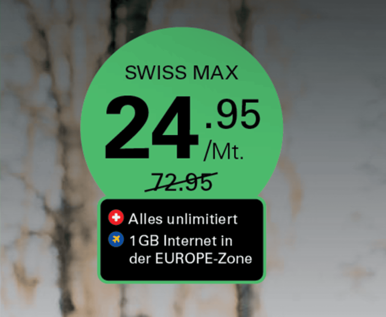 In einem grünen Kreis steht SWISS MAX 24.95/Mt. und darunter durchgestrichen 72.95. Ein schwarzer Kasten listet die Merkmale auf: Alles unlimitiert und 1 GB Internet in der EUROPE-Zone mit roten und blauen Symbolen.