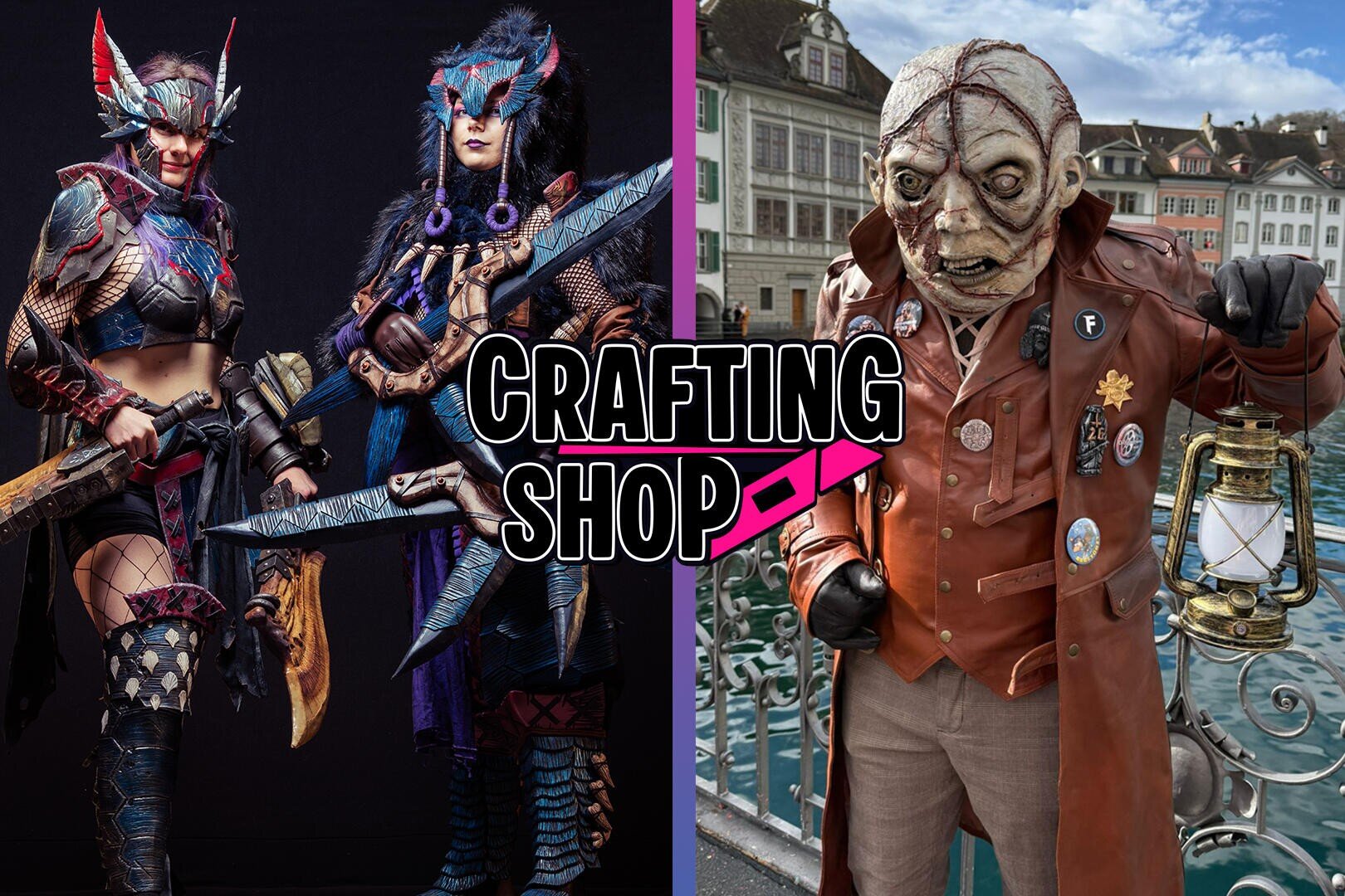 Auf der linken Seite stehen zwei Personen in aufwendigen Fantasiekostümen, während auf der rechten Seite eine Person in einem detaillierten fischähnlichen Kostüm und Vintage-Kleidung steht. Der Schriftzug CRAFTING SHOP steht fett in der Mitte.