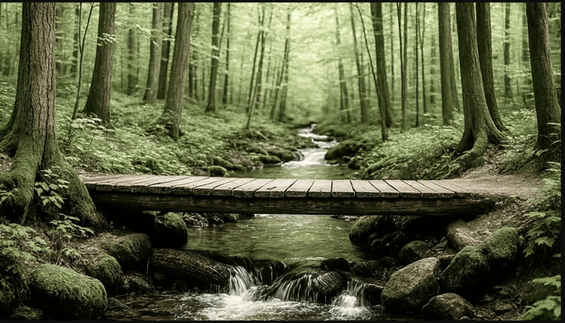 Eine schmale Holzbrücke führt über einen kleinen, felsigen Bach in einem üppigen, grünen Wald mit hohen Bäumen und dichtem Laubwerk. Das Sonnenlicht dringt sanft durch die Blätter und schafft eine heitere, friedliche Atmosphäre.