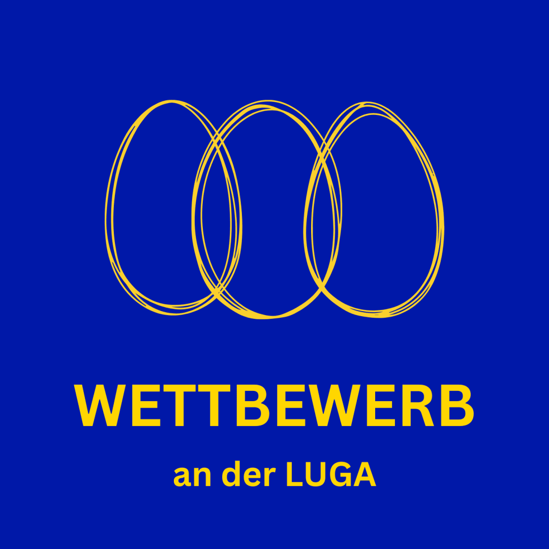Drei sich überlappende gelbe Ringe über der Aufschrift WETTBEWERB an der LUGA in gelber Schrift auf blauem Hintergrund.