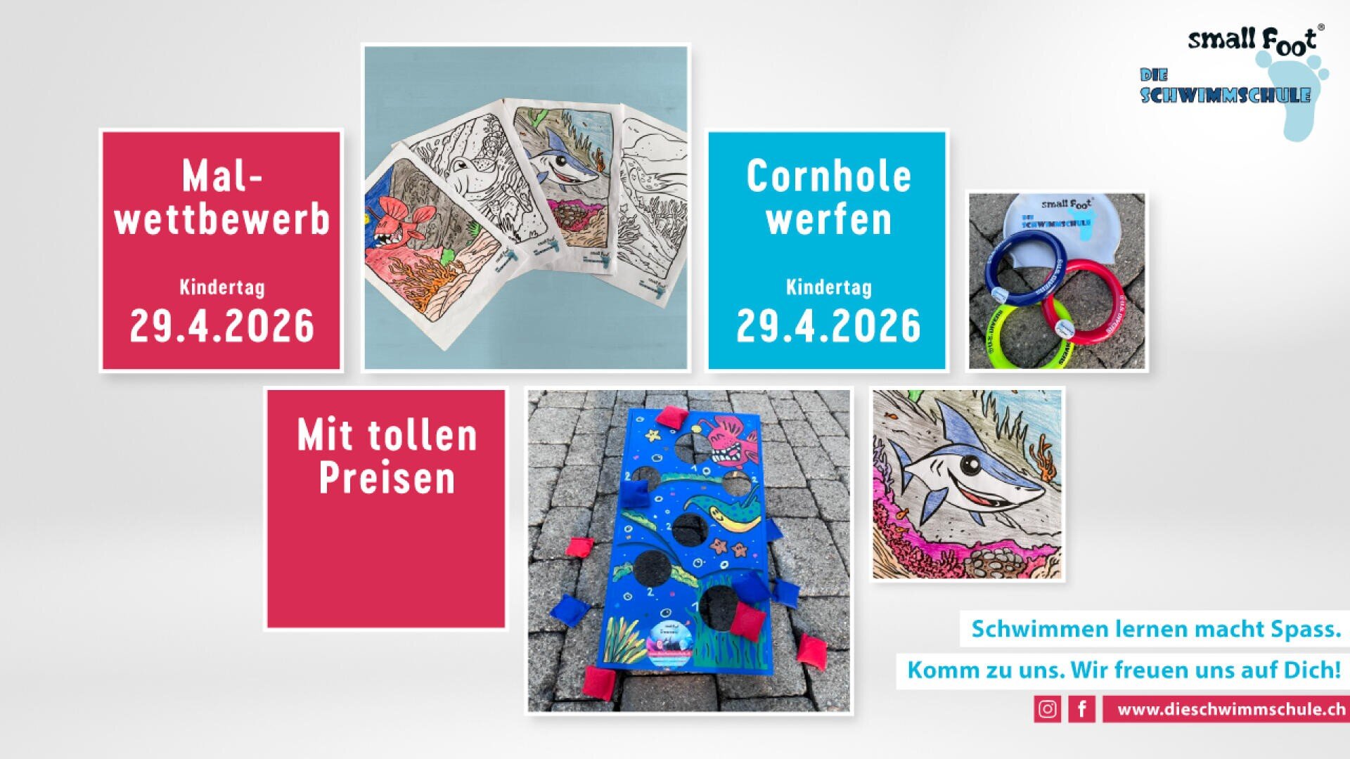 Ein Flugblatt mit bunten Blöcken wirbt für eine Kinderveranstaltung am 29. April 2026, die einen Malwettbewerb, Cornhole-Wurf und Preise bietet. Die Bilder zeigen farbige Kunstwerke, Cornhole-Bretter, Ringe und Veranstaltungsdetails auf Deutsch.