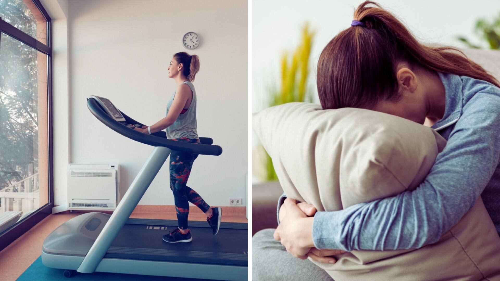 Geteiltes Bild: Auf der linken Seite läuft eine Frau auf einem Laufband in einem hellen Fitnessstudio. Auf der rechten Seite sitzt dieselbe Frau in einem Innenraum, umarmt ein Kissen und stützt ihren Kopf darauf, wobei sie traurig oder verzweifelt wirkt.