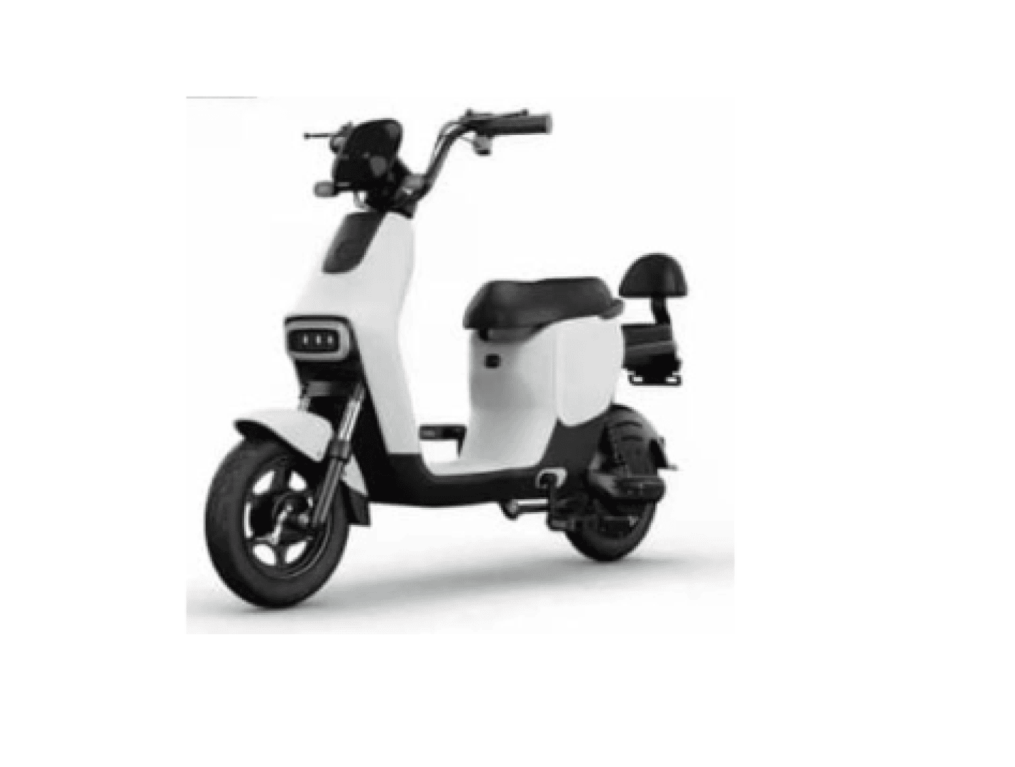 Ein moderner weißer Elektroroller mit schwarzen Akzenten, der mit einem gepolsterten Sitz, einer kleinen Rückenlehne und einer Digitalanzeige am Lenker ausgestattet ist.