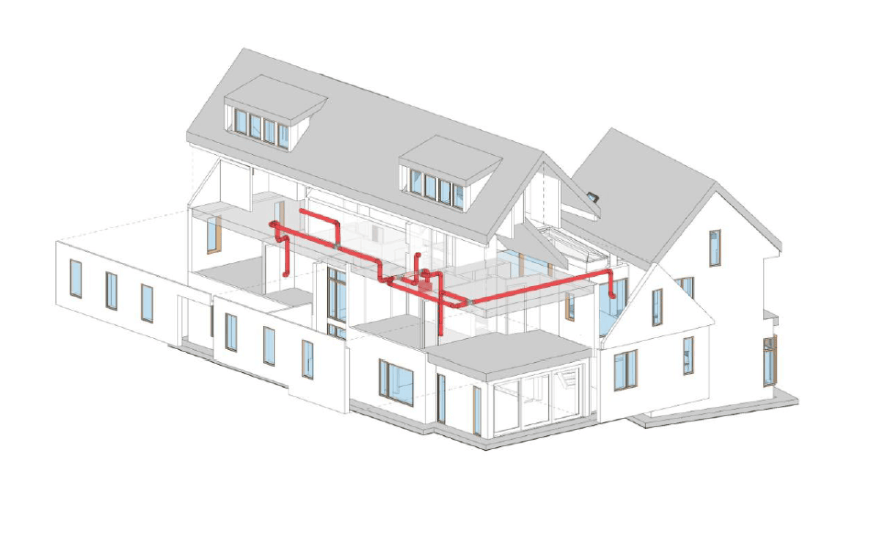 Ein Schnitt durch ein mehrstöckiges Haus mit Innenräumen und einem roten Kanalsystem, das durch die Böden und Decken verläuft und die interne Lüftungs- oder Heizungsinfrastruktur darstellt.