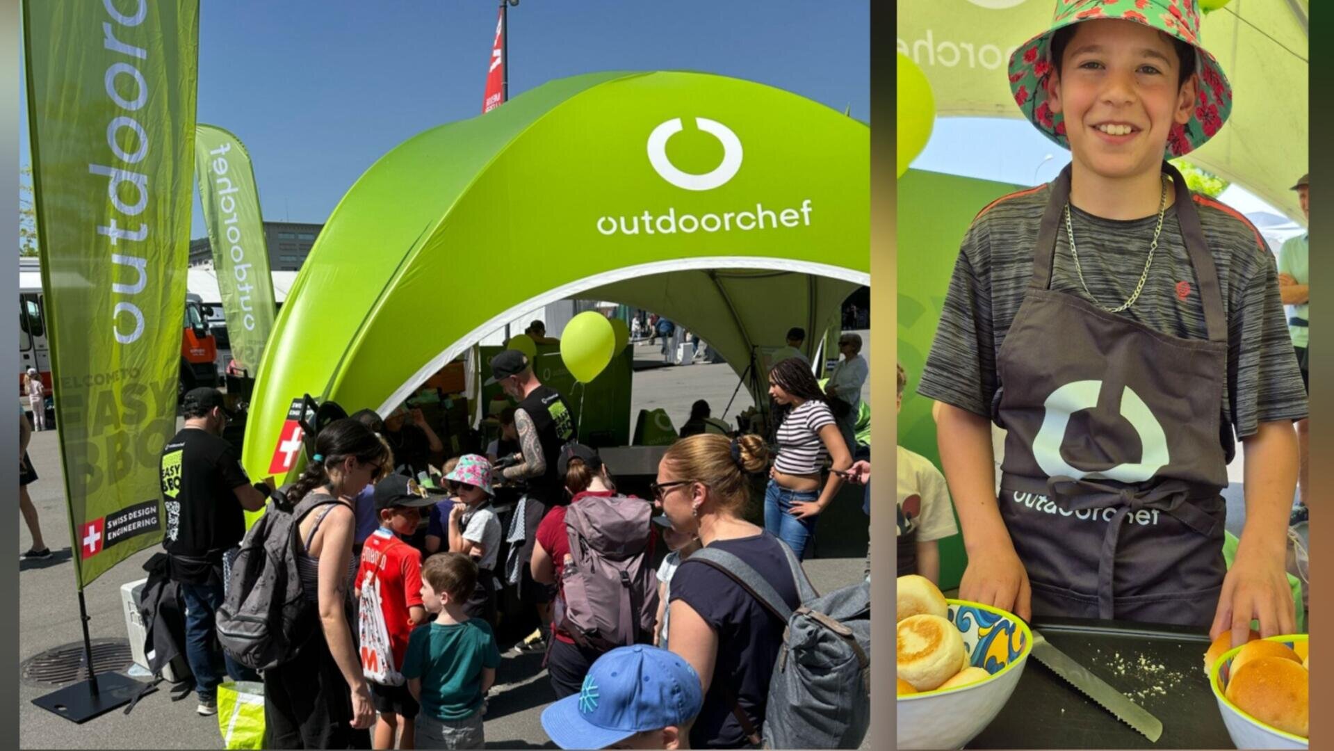 Eine Gruppe von Menschen, darunter auch Kinder, versammelt sich vor einem grünen Outdoorchef-Zelt bei einer Outdoor-Veranstaltung. Auf der rechten Seite steht ein lächelnder Junge in einer Outdoorchef-Schürze und einem bunten Hut hinter einem Tisch mit Essen.