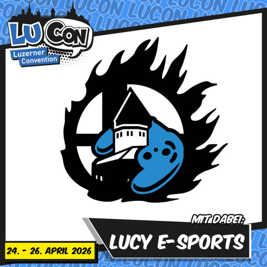 Logo für LUCON Luzerner Convention mit einem stilisierten blau-schwarzen Design mit einem Game Controller und einer Gebäudesilhouette. Der Text lautet Mit dabei: Lucy E-Sports mit Veranstaltungsdaten 24.-26. April 2026.