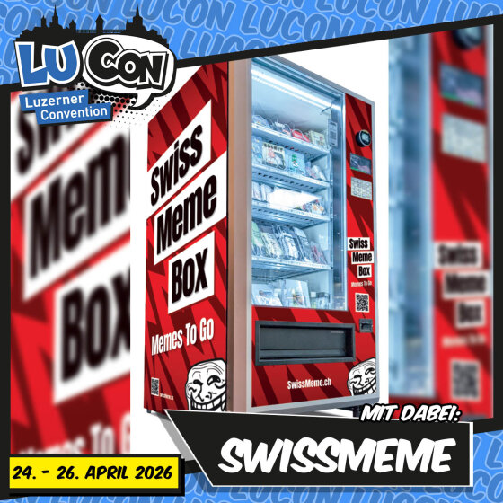 Ein rot-weisser Verkaufsautomat mit der Aufschrift Swiss Meme Box steht in der Auslage, gefüllt mit Meme-Artikeln. Das Bild wirbt für die Luzerner Convention, die vom 24. bis 26. April 2026 stattfindet, mit Swissmeme.