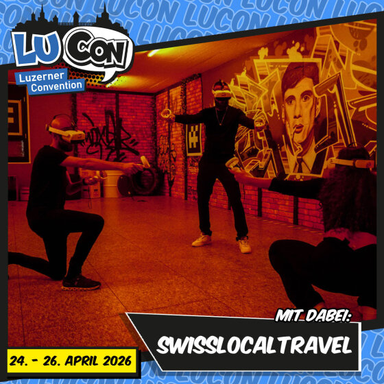 Drei Personen mit VR-Headsets und Handsteuerung spielen ein Virtual-Reality-Spiel in einem Raum mit bunten Wandmalereien. Das Bild wirbt für die LUCON (Luzerner Convention), die vom 24. bis 26. April 2026 stattfindet und an der Swisslocaltravel teilnimmt.