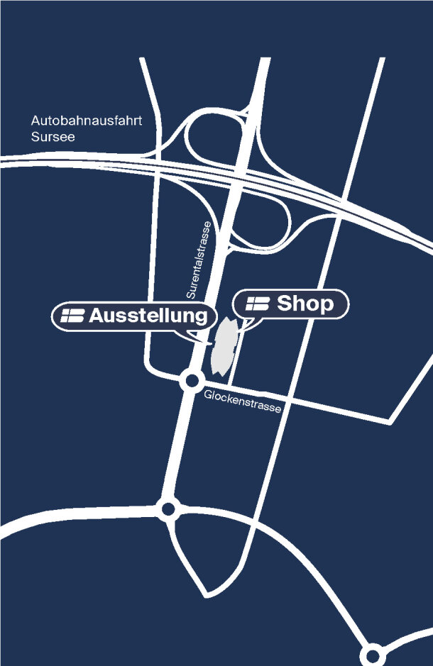 Einfache Karte mit weissen Linien auf blauem Grund, die Strassen in der Nähe der Autobahnausfahrt Sursee zeigt. Beschriftungen zeigen die Standorte für Ausstellung und Shop entlang der Sternenstrasse und Glockenstrasse.