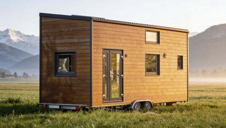 Ein modernes kleines Haus auf Rädern mit Holzverkleidung, großen Fenstern und einer Glastür steht auf einer Wiese, mit Bergen und einem teilweise bewölkten Himmel im Hintergrund.