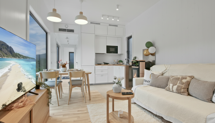 Ein modernes, gemütliches Wohnzimmer mit einem beigen Sofa, Kissen, einem Fernseher mit einer Strandszene, einem kleinen Esstisch und einer kompakten, weißen Küche im Hintergrund. Luftballons schmücken die Ecke, und große Fenster lassen natürliches Licht herein.