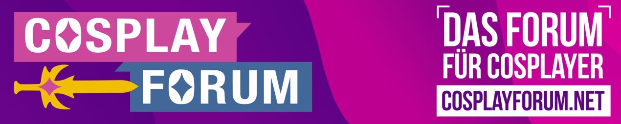Banner mit dem fettgedruckten Text Cosplay Forum neben einem gelben Schwert und dem deutschen Text Das Forum für Cosplayer über der Website cosplayforum.net auf einem lila und rosa Hintergrund.