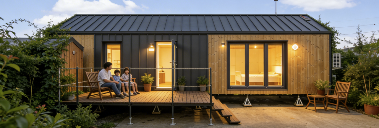 Eine Familie sitzt zusammen auf der Veranda eines modernen kleinen Hauses mit Holz und dunkler Verkleidung, großen Fenstern und warmer Innenbeleuchtung, umgeben von Grün.