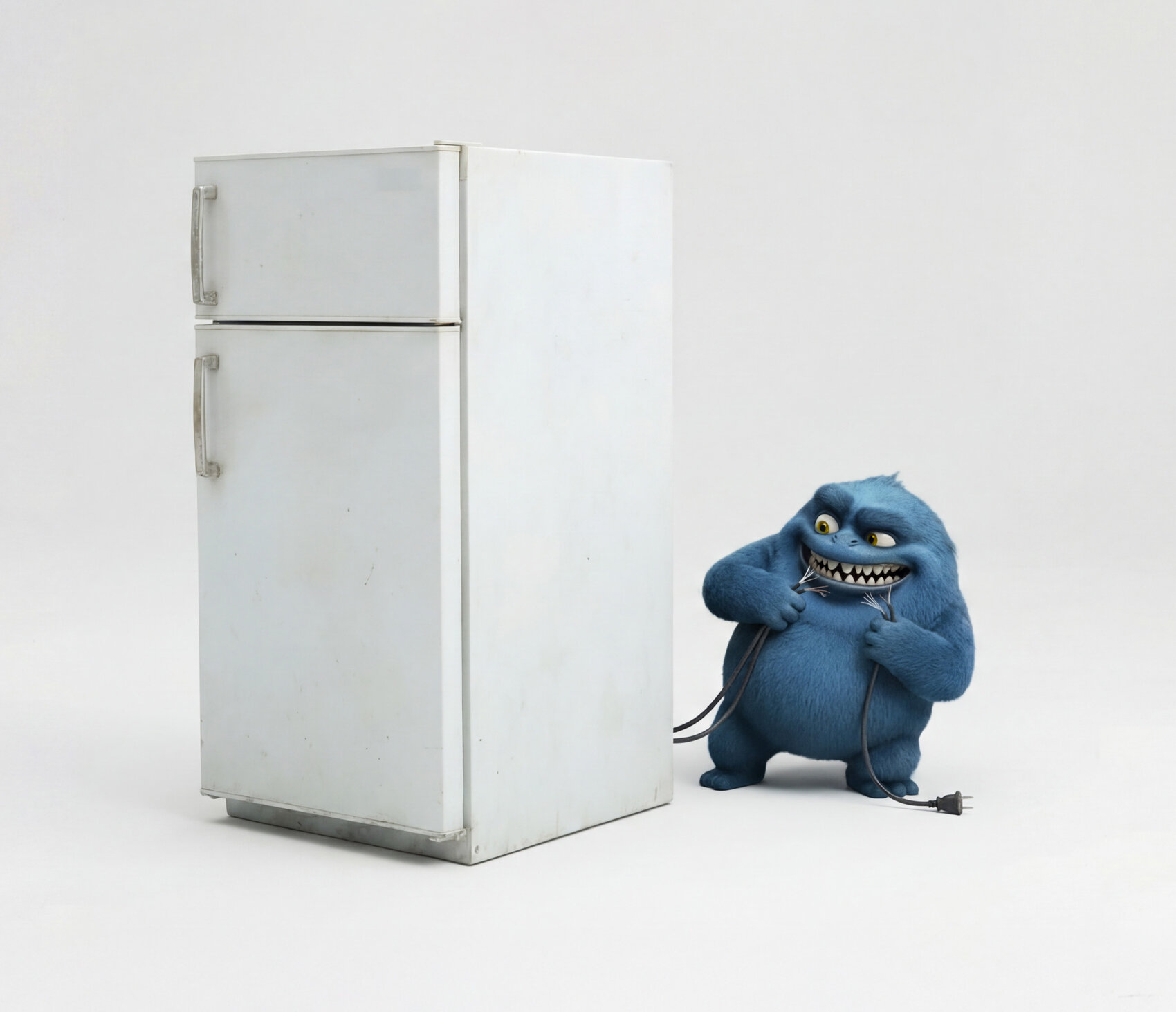 Ein flauschiges blaues Cartoon-Monster mit schelmischem Grinsen hält ein Kühlschrank-Netzkabel und steht neben einem weißen Kühlschrank vor einem schlichten Hintergrund.